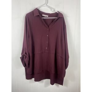 Adyson Parker Blouse Women 2X Burgundy Roll Tab Long Sleeve Tunic Henley Casual